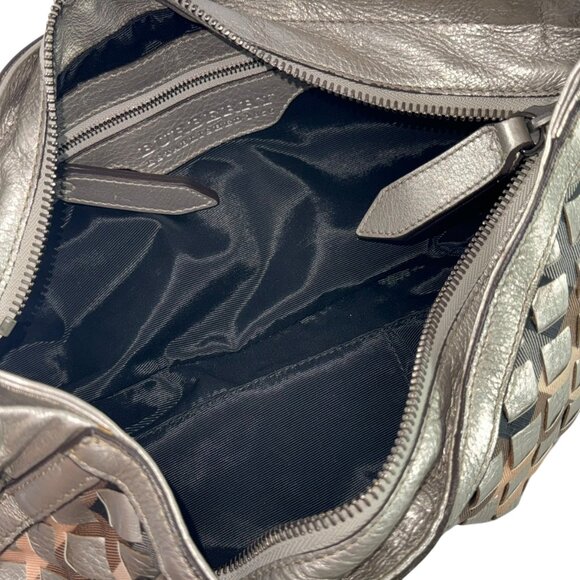 BURBERRY Silver Woven Leather and Nova Check Canvas Shoulder Bag Made in Italy - Picture 8 of 13
